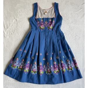 Licht Trachtenhaus Vtg German Drindl Festival Blue Embroidered Dress Size 16